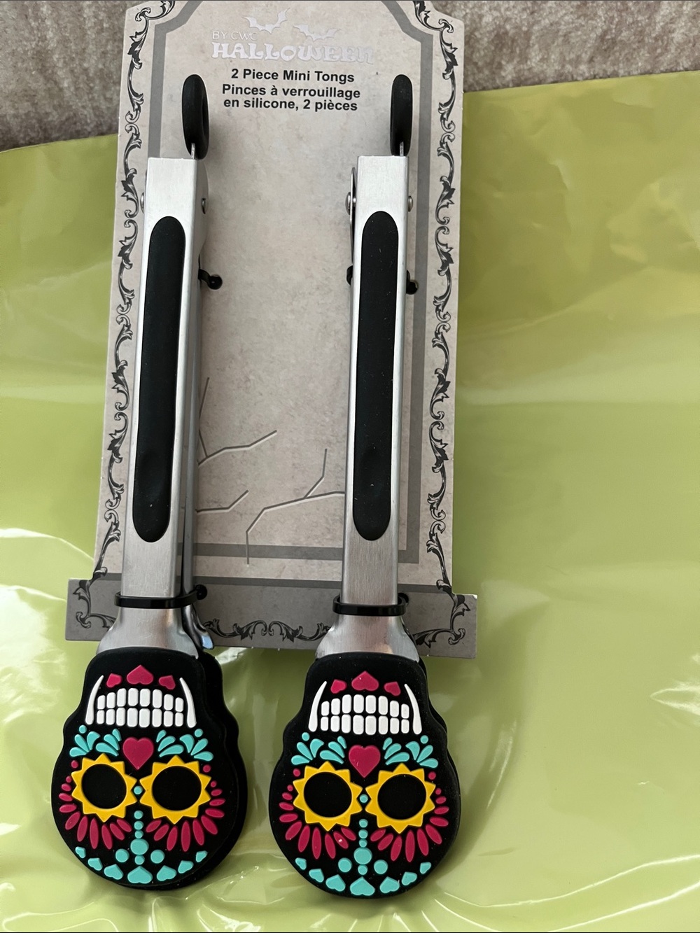 Day of the Dead Sugar Skull Mini Tongs - Black with Multicolor Silicone Tips